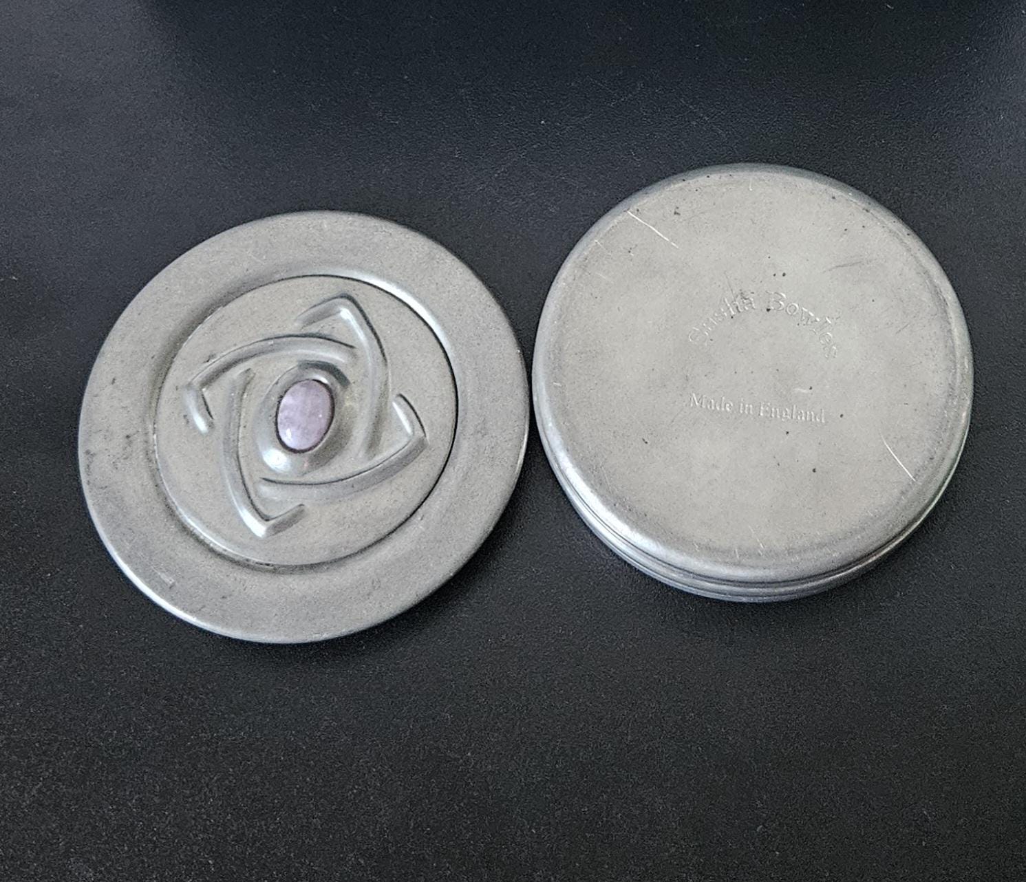 Pewter Art Nouveau Style Trinket Pot Sasha Bowles England signed .Trinket Pot polished Gemstone Inlay