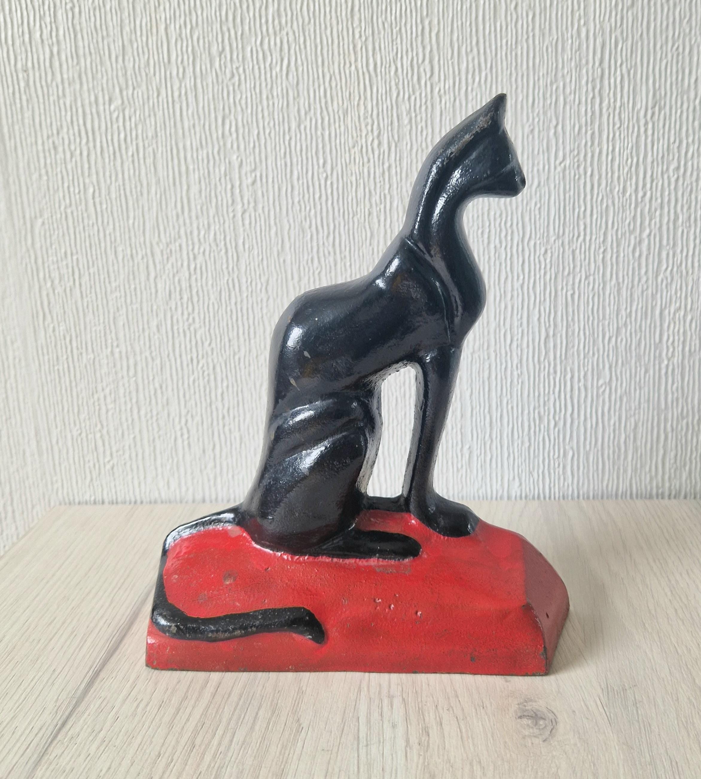 Antique Rare Cast Iron Art Deco Black Sitting Cat Doorstop