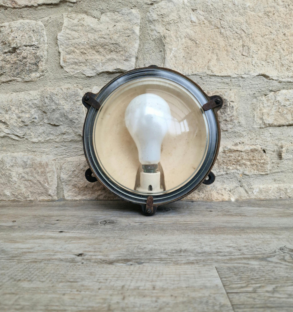 Vintage Industrial Marine Bulkhead Wall Light Cast Iron Round Fixture