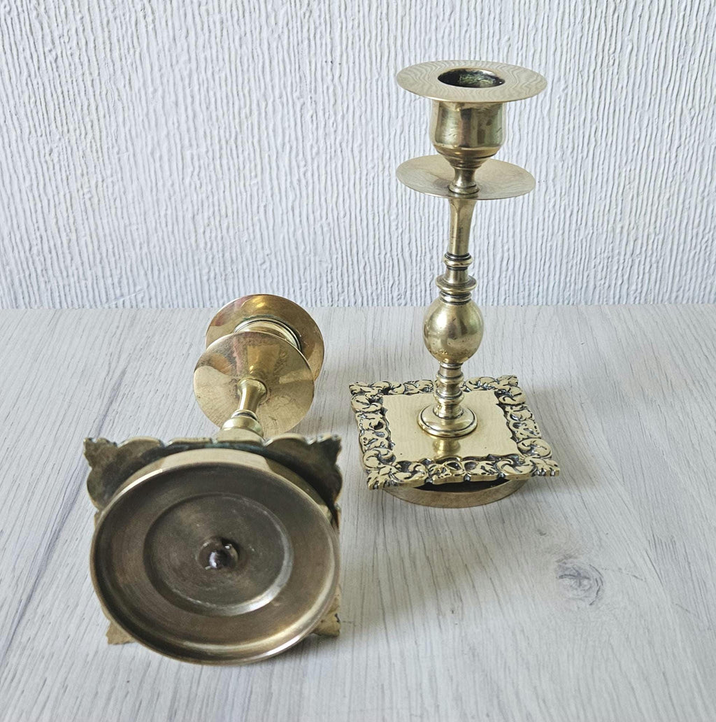 Vintage Small Ornate Brass Candlesticks Matching Pair of Gold Brass Heavy Quality 14cm Tall