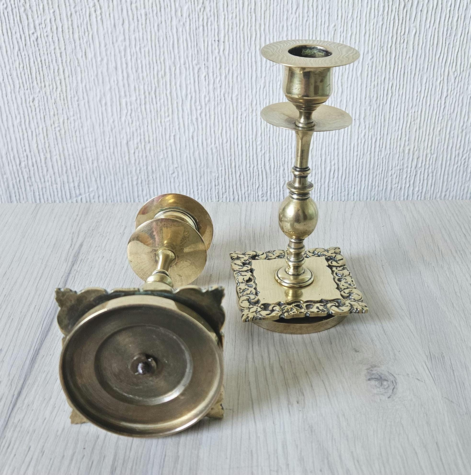Vintage Small Ornate Brass Candlesticks Matching Pair of Gold Brass Heavy Quality 14cm Tall