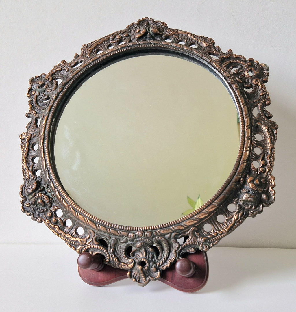 Antique Art Nouveau Heavy Cast Copper Metal Ornate Floral Rococo Round Wall Mirror 31cm