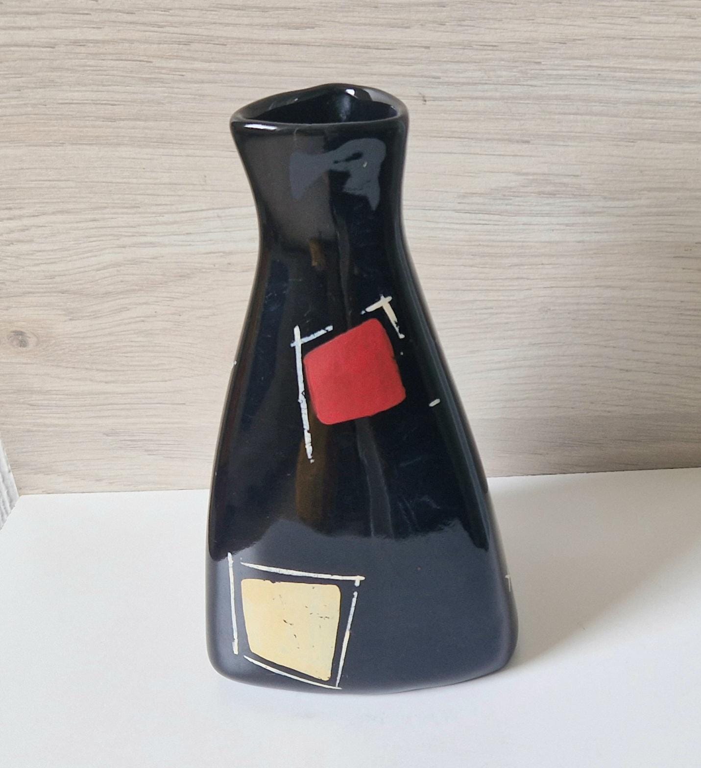 Mid Century West German Handpainted Tri-Form Abstract Black Ceramic Vase 18cm