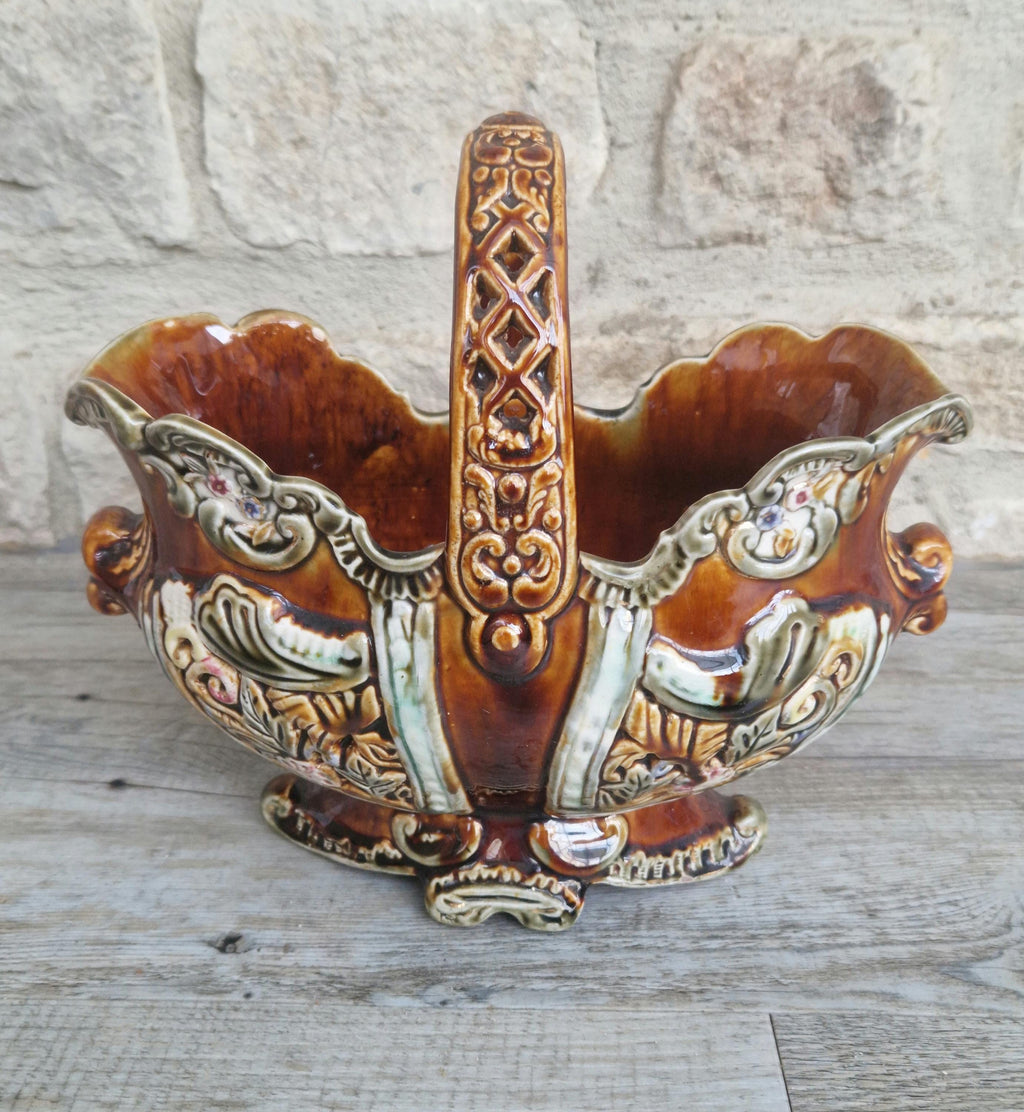Antique Large Majolica Treacle Glaze Basket Planter Vase