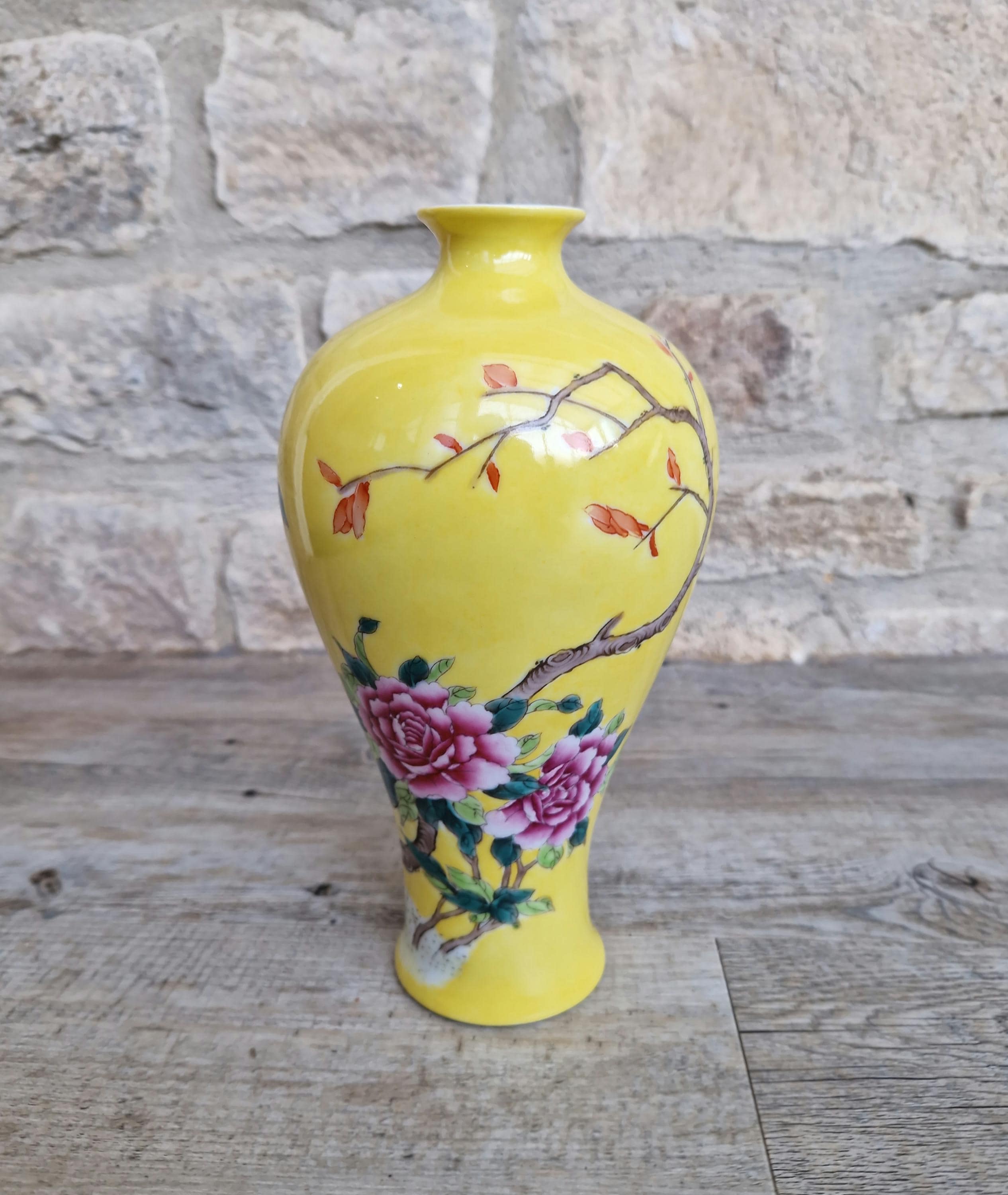 Vintage 20th C. Famille Rose Yellow Ground Meiping Porcelain Vase Hand Painted Peony Blooms