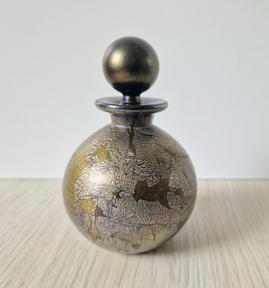 Isle of Wight Art Glass Perfume Bottle: Black Azurene Iridescent, Michael Harris 1970s England