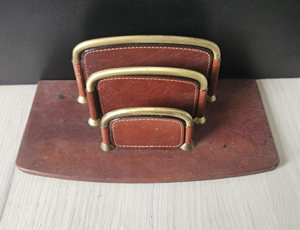 Vintage TONY PEROTTI Italian Leather Letter Rack Chestnut Brown Leather *Some Marks