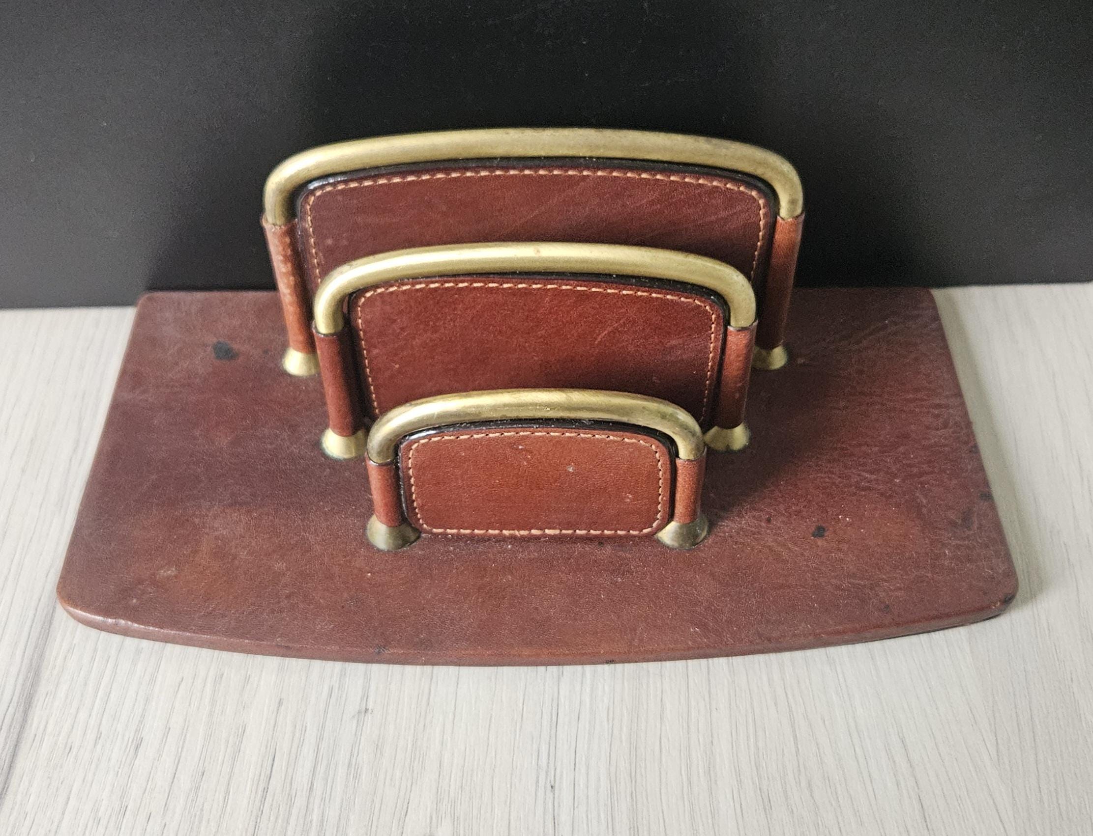 Vintage TONY PEROTTI Italian Leather Letter Rack Chestnut Brown Leather *Some Marks