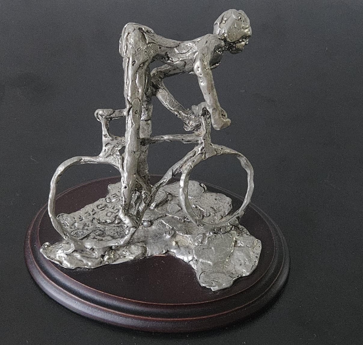 Vintage Pewter Biker Cyclist Sculpture Figure On Plinth Signed Handcrafted 1990s