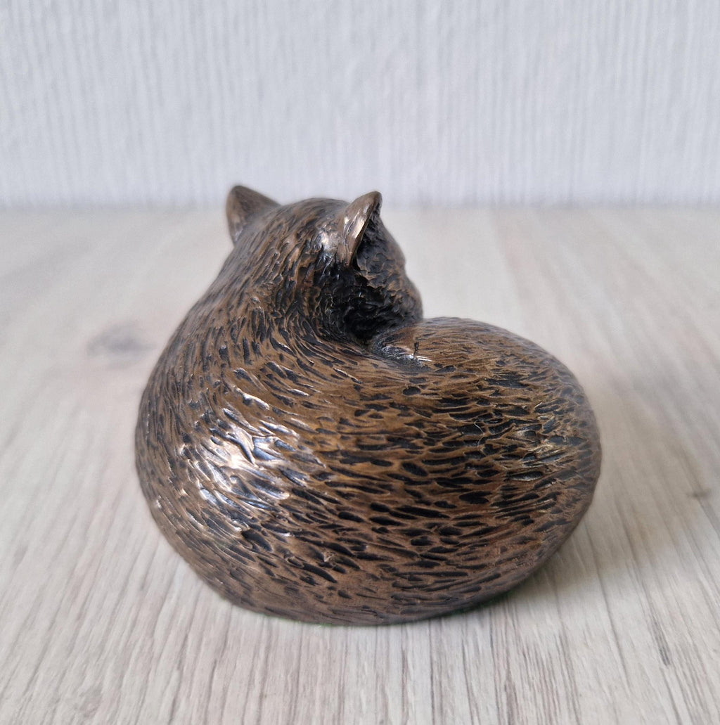 Vintage Cold Cast Bronze Resin Curled Licking Cat Figure Ornament