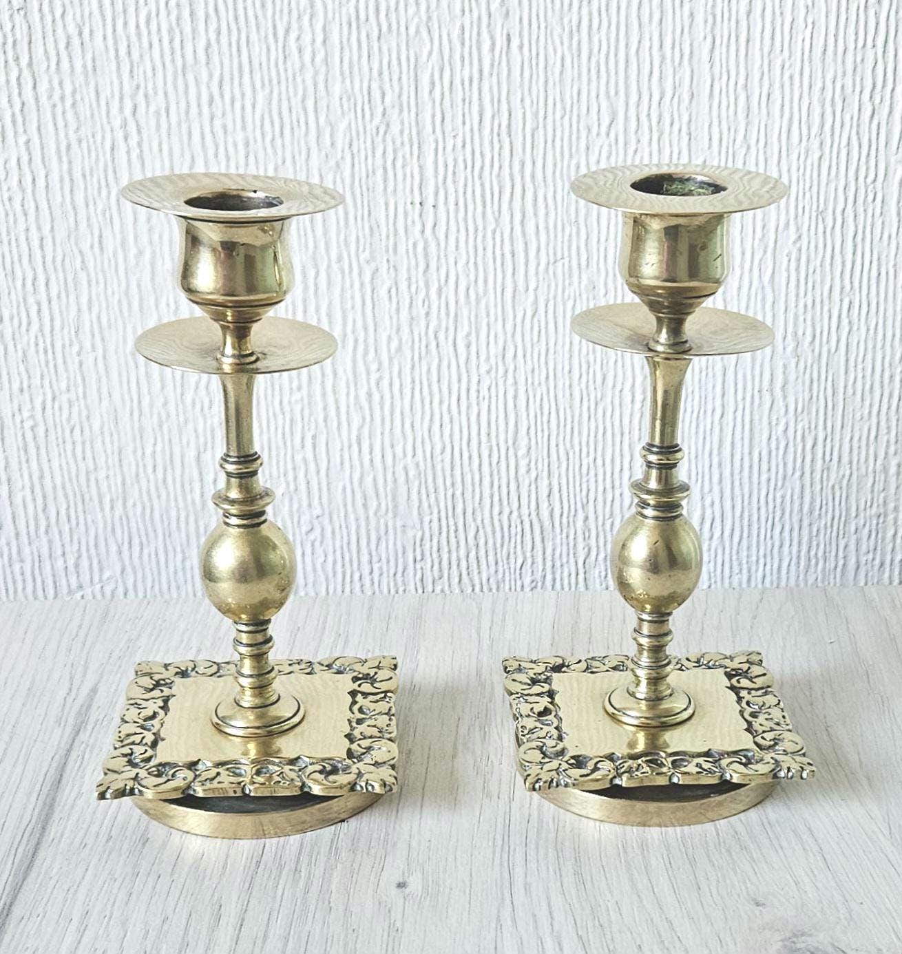 Vintage Small Ornate Brass Candlesticks Matching Pair of Gold Brass Heavy Quality 14cm Tall