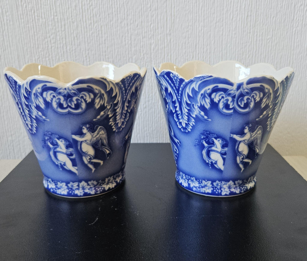 Vintage Staffordshire Pottery Planters: Blue & White Neoclassical Scalloped Edge