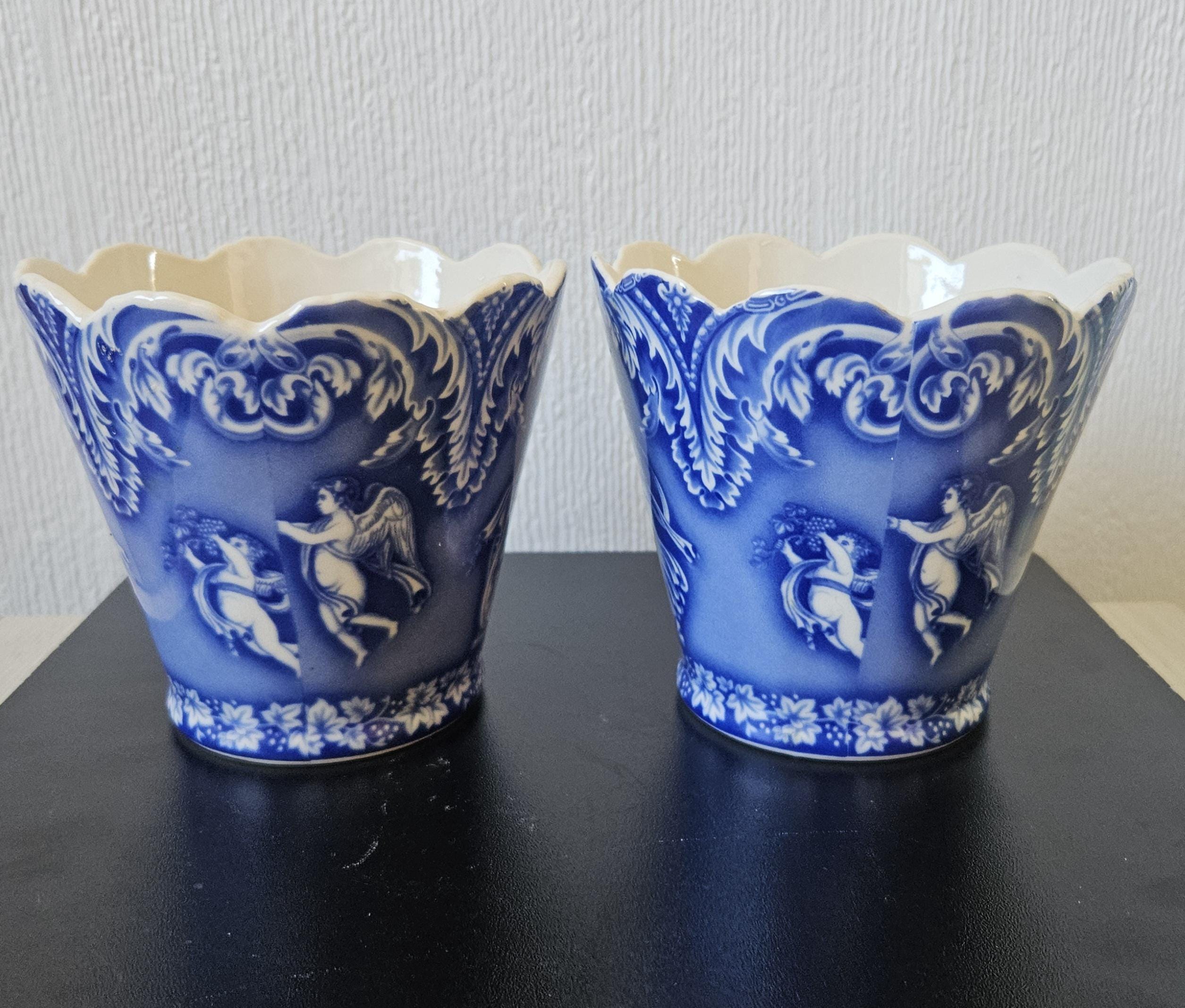 Vintage Staffordshire Pottery Planters: Blue & White Neoclassical Scalloped Edge