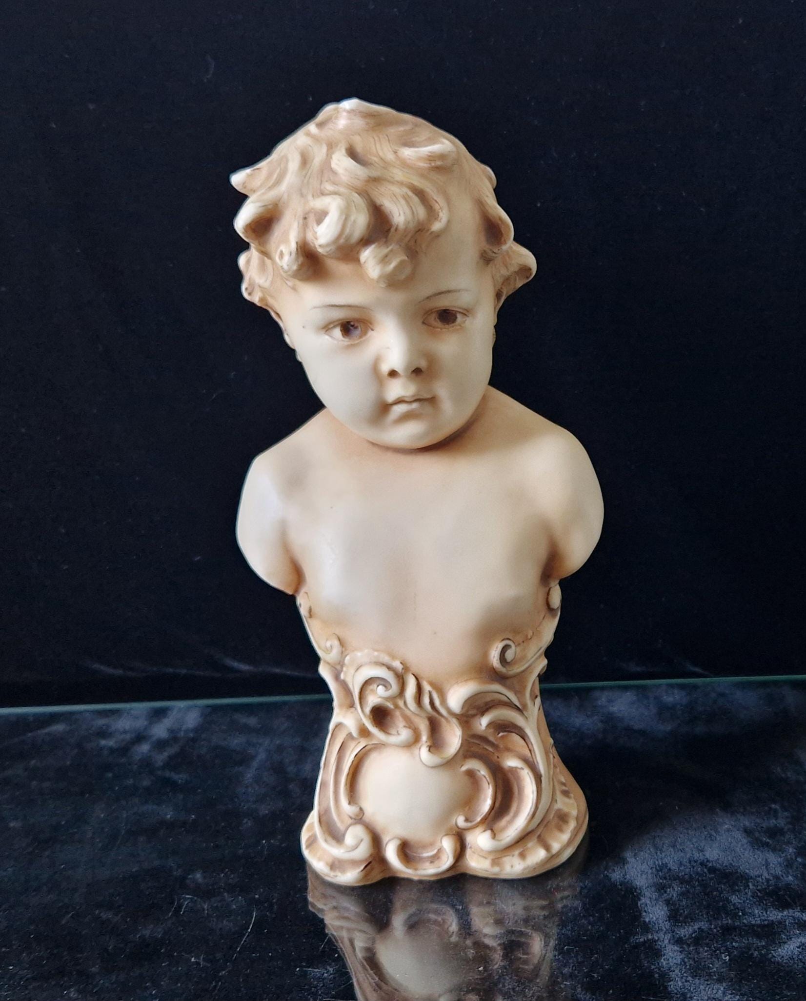 2 Antique Continental Patinated Bisque Porcelain Putti Child Bust Figures 7 inch