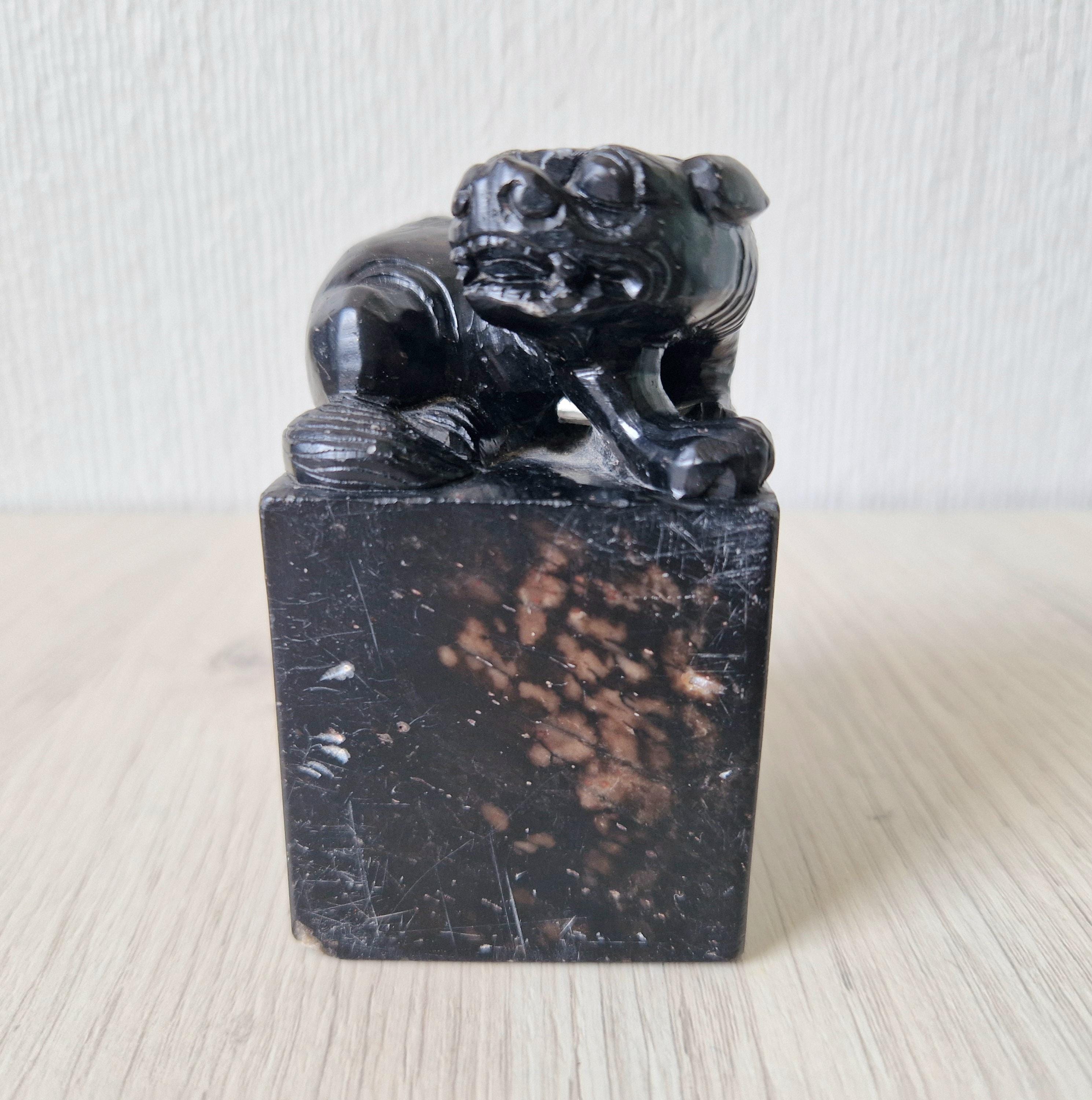 Antique Carved Black Hardstone Foo Dog Chinese Chop Block Seal 8.5cm