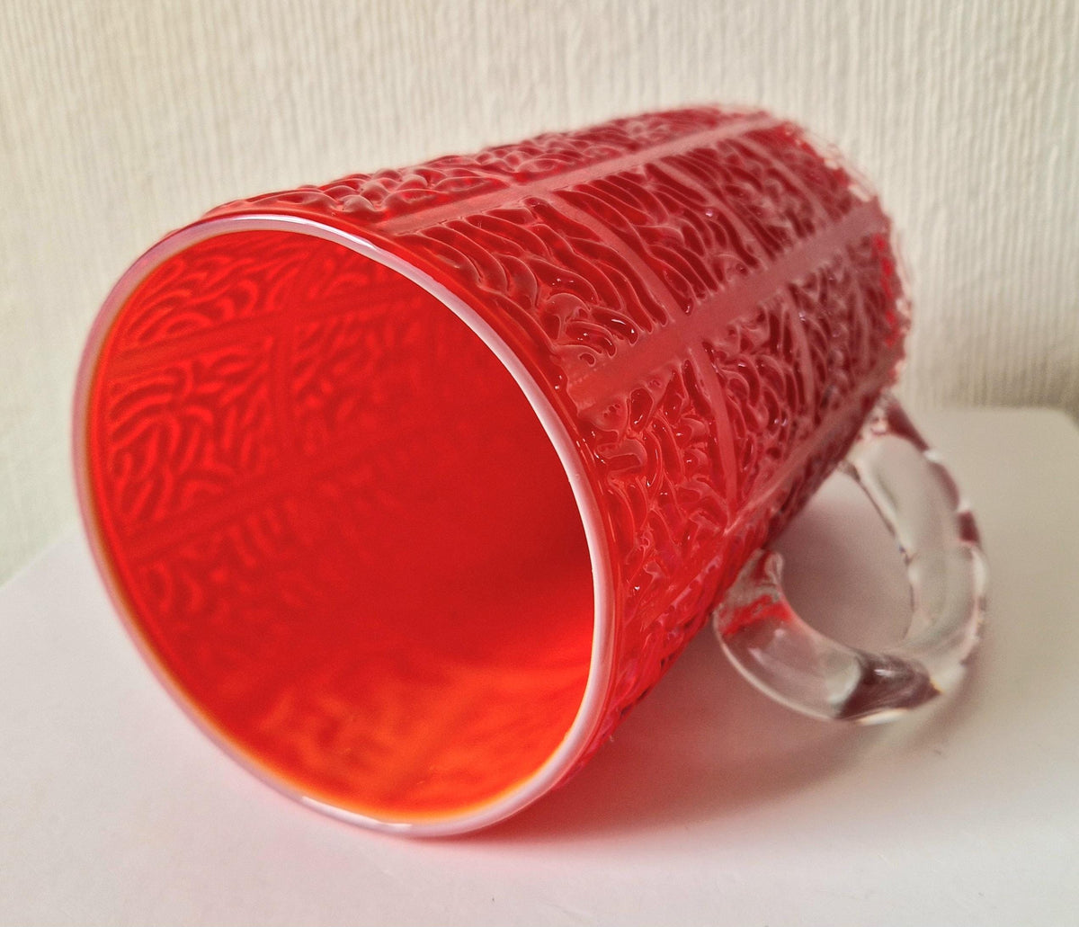 Large Bright Red Textured Cased Glass Tankard Rare Mid-Century Vintage Heavy Glass