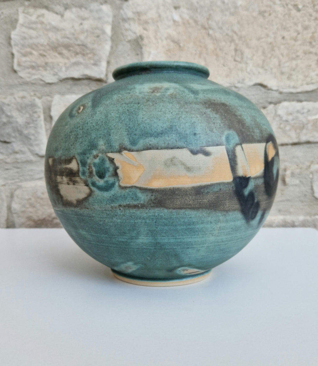 Large Vintage Raku Studio Art Pottery Aqua Glaze Globe Vase Signed