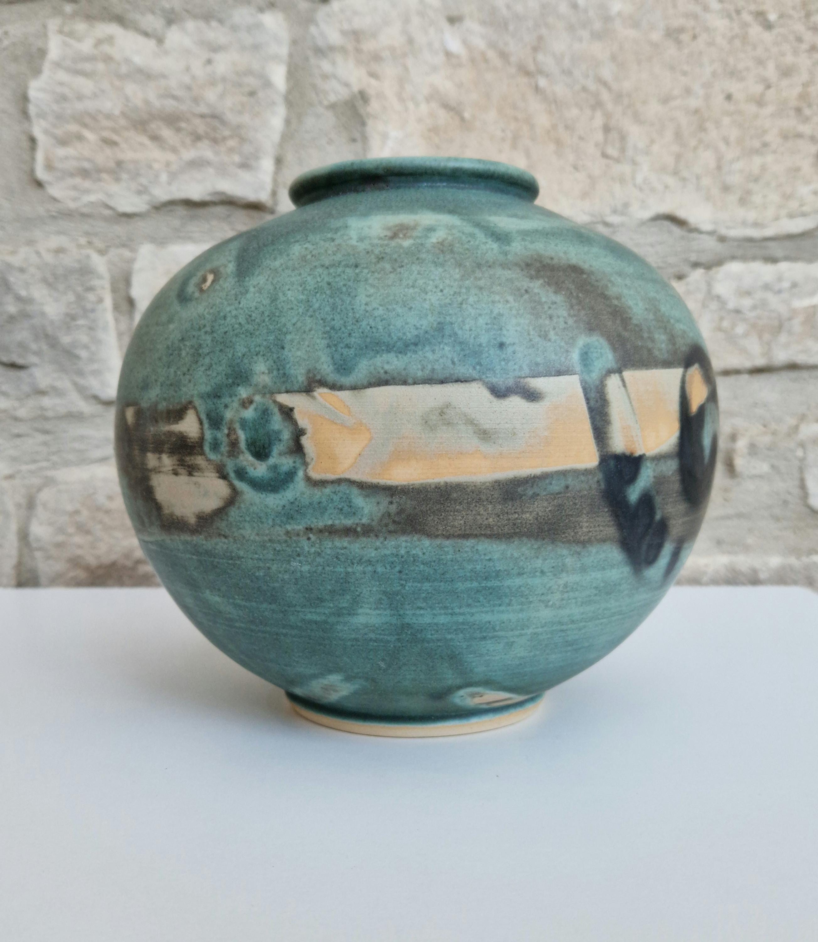 Large Vintage Raku Studio Art Pottery Aqua Glaze Globe Vase Signed