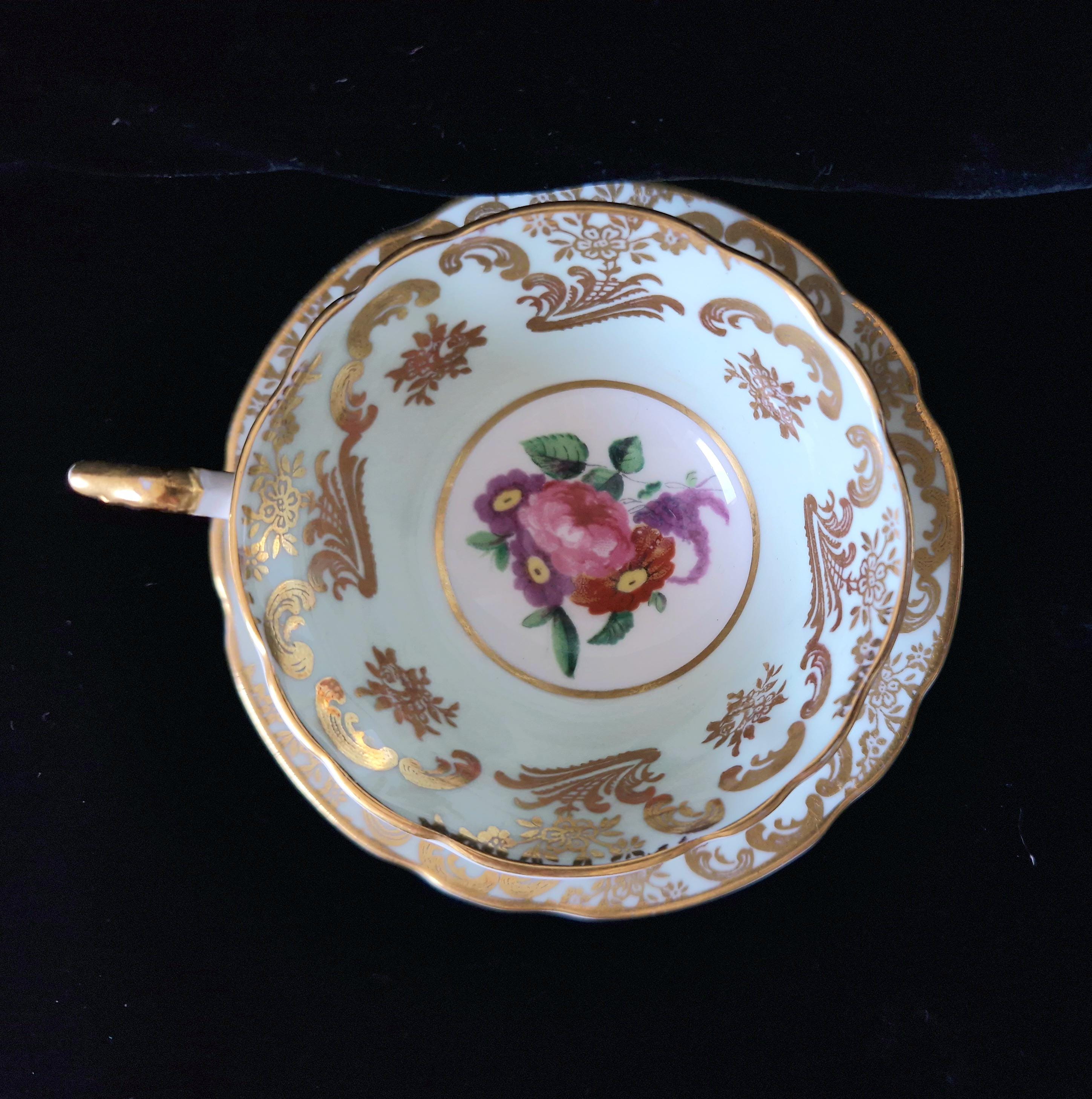 Paragon Mint Green Cabbage Rose Tea Cup & Saucer Set (4) Vintage Gold Gilt China
