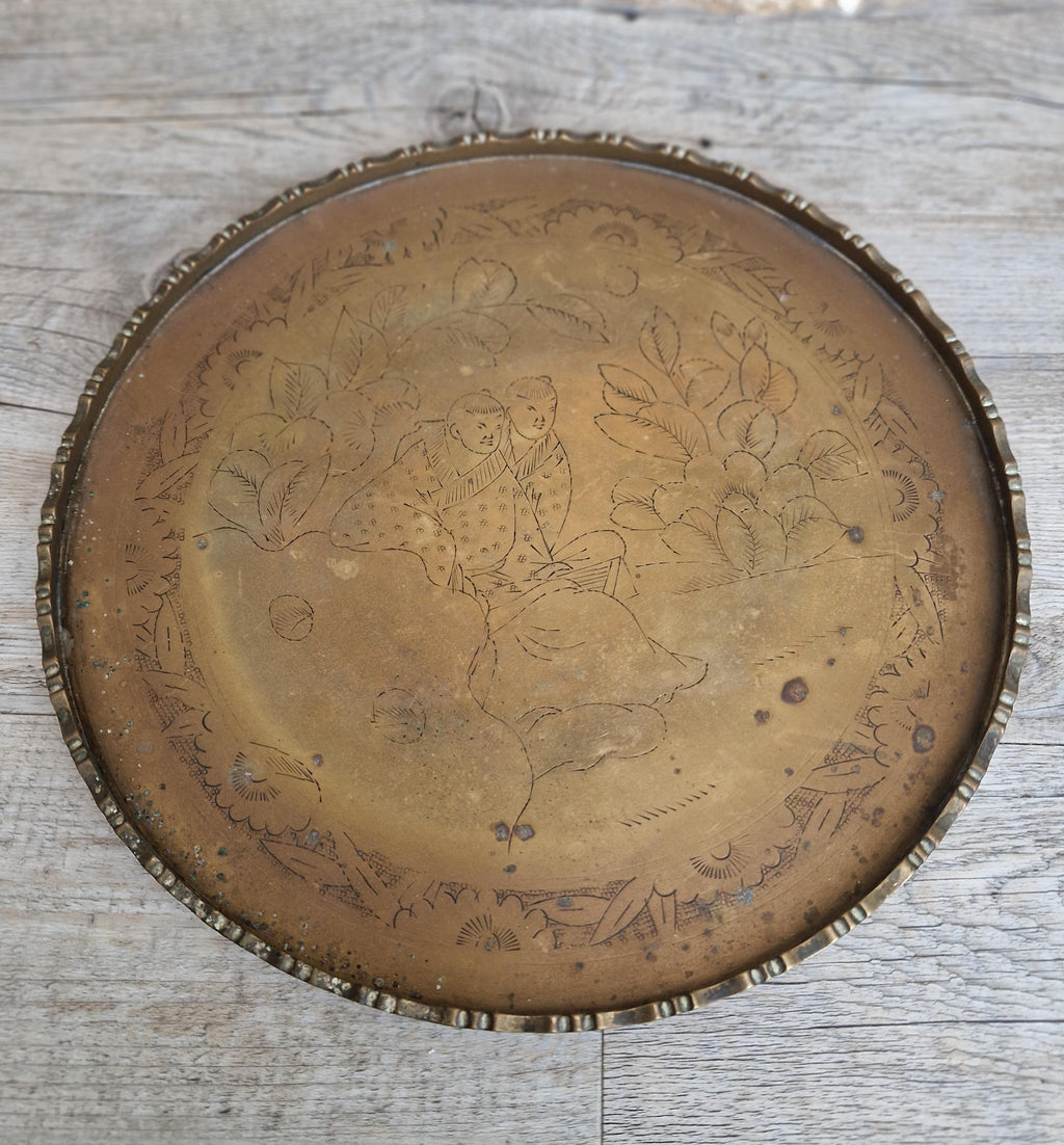 Antique Chinese Engraved Brass Round Opium Tray c1900 27.5cm