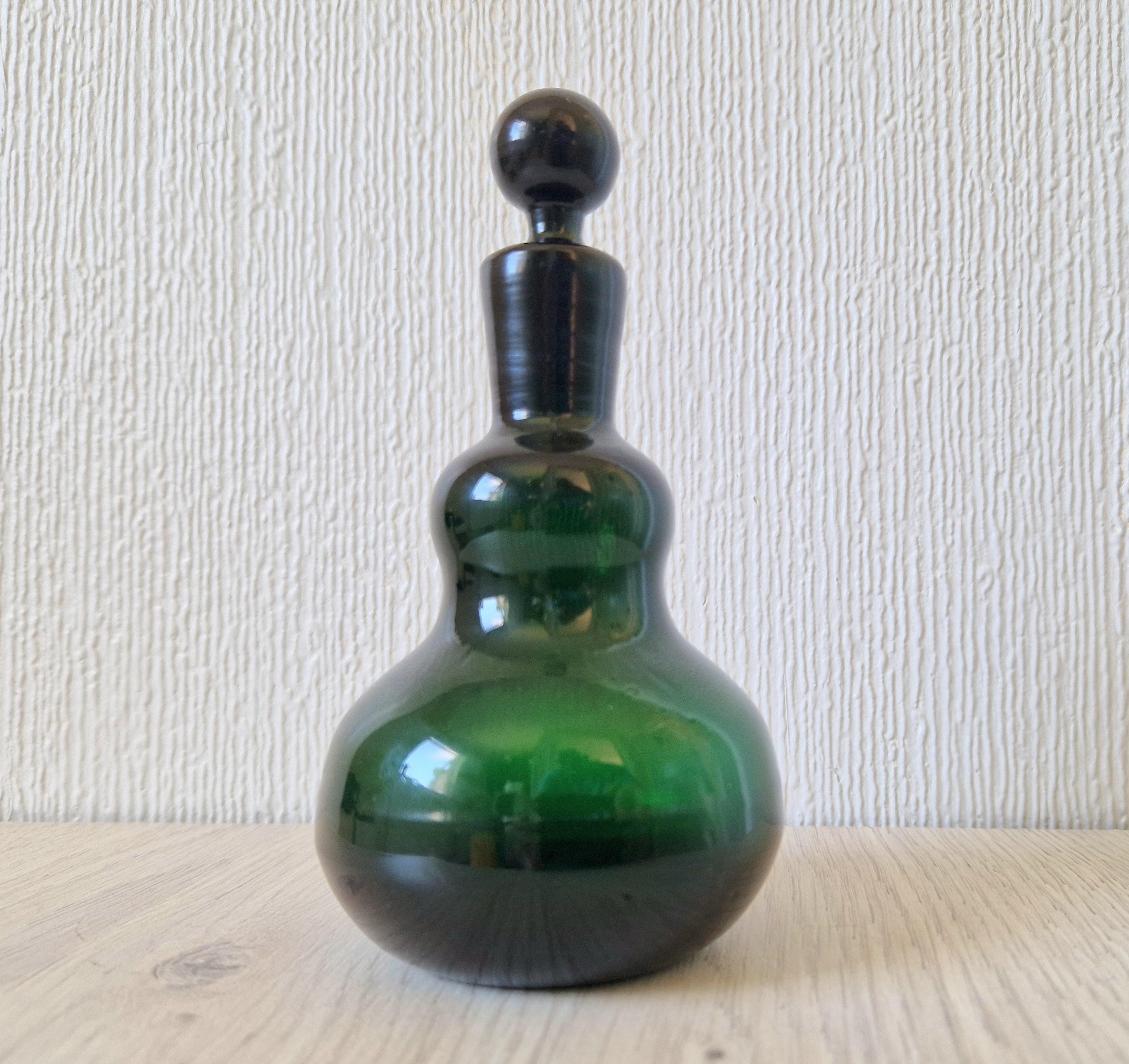 Antique Hand-Blown Dark Green Glass Small Gourd Bottle & Stopper 15cm