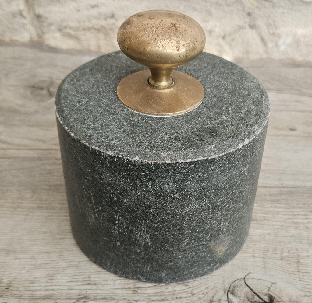 Original Mcm Green Stone Door Stop with Brass Handle Rustic Midcentury Circular Doorstop