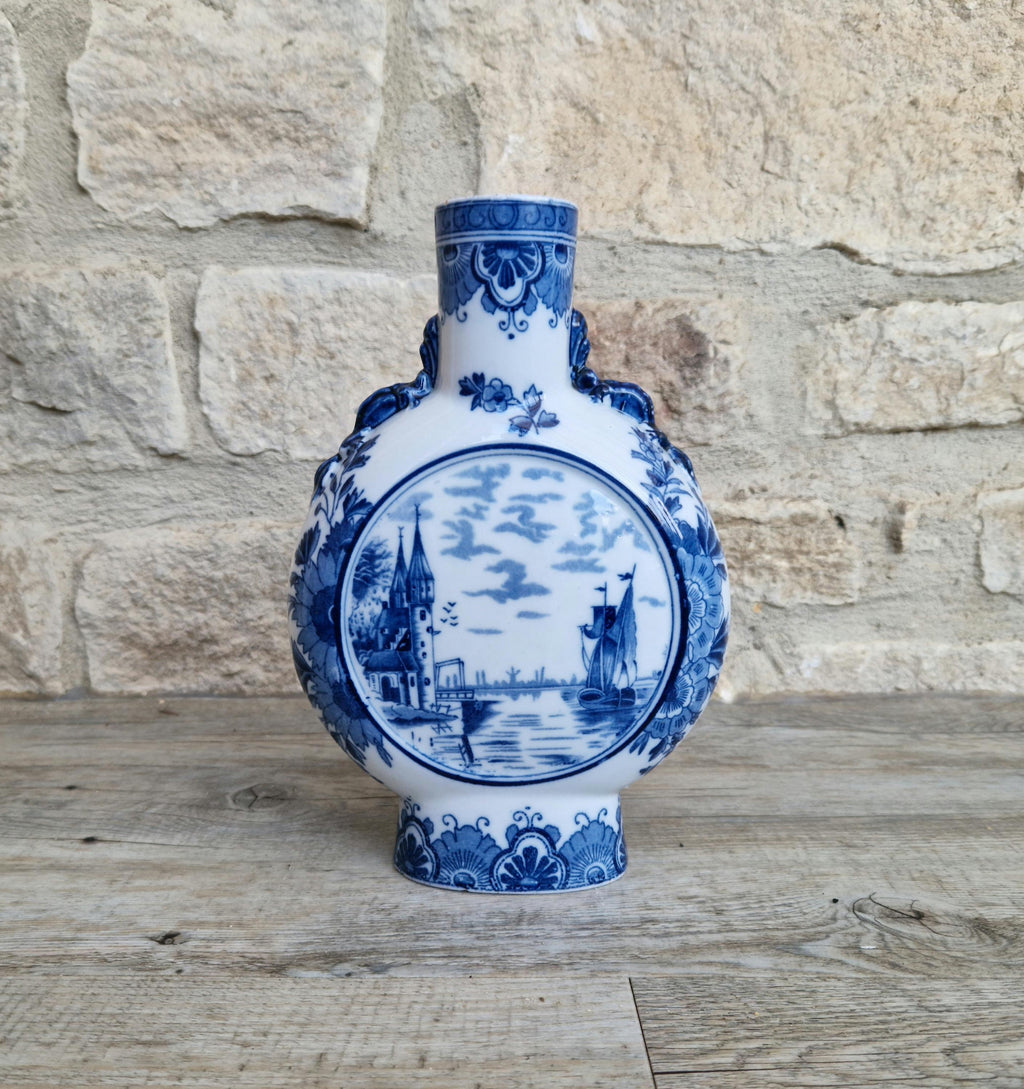 Vintage Dutch Delft Pottery Blue & White Moon Flask Vase River Scene 23cm