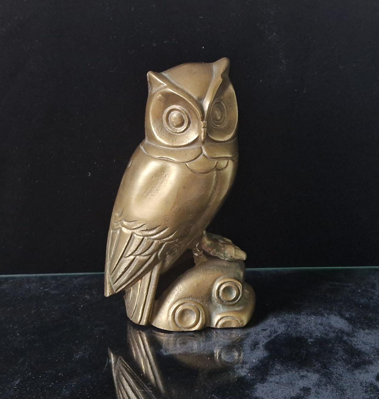 Vintage Heavy Mcm Cast Brass Owl Figure Ornament Scandi Style 16cm Tall Unpolished