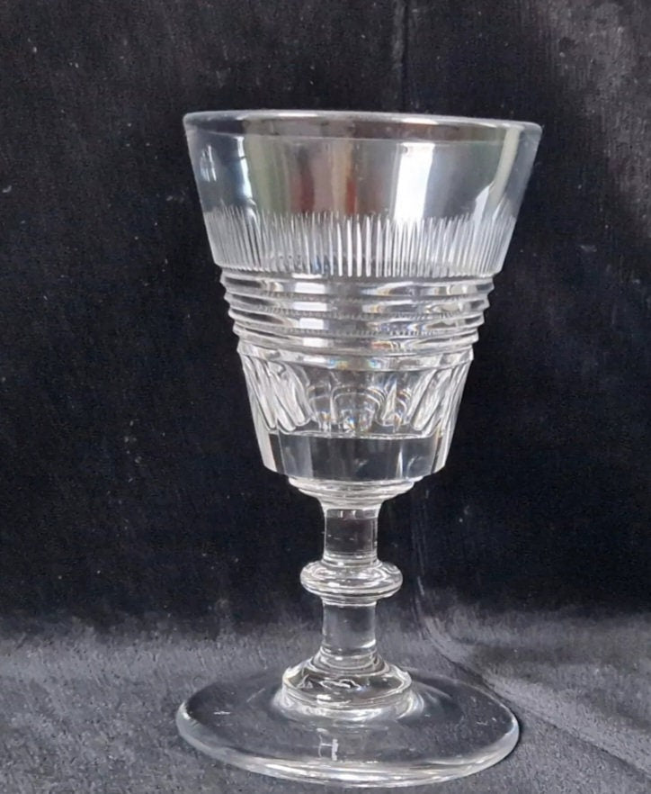Early 19th C. Wine Glass Slice Blaze & Prism Cut Bowl Medial Blade Knop Stem