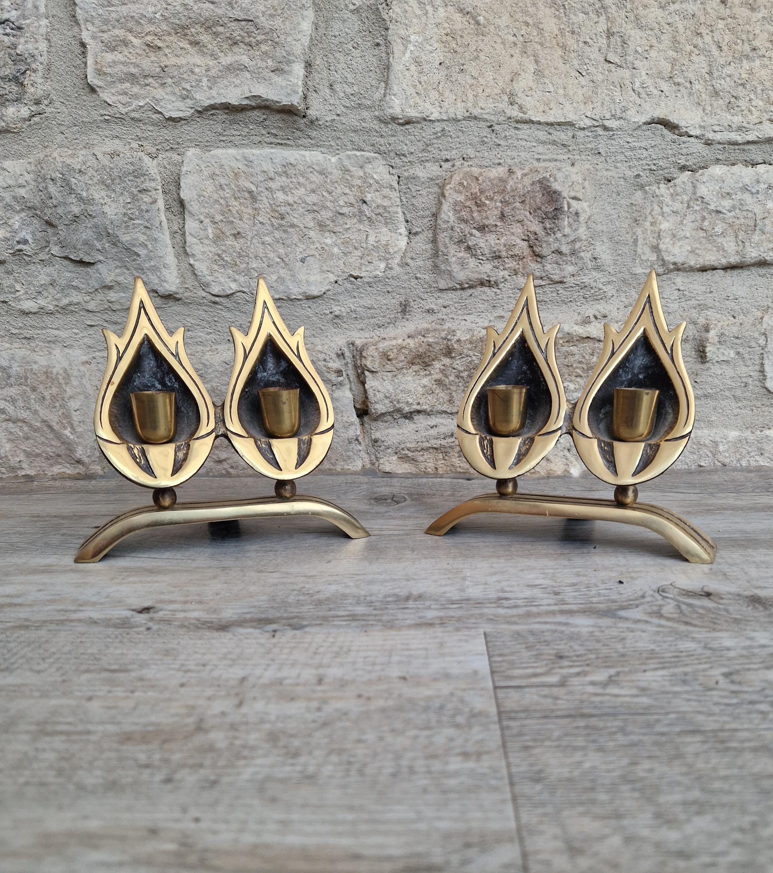 A Pair of Vintage Judaica Sabbath Double Flame Brass Candlestick Holders by Hen-Holon