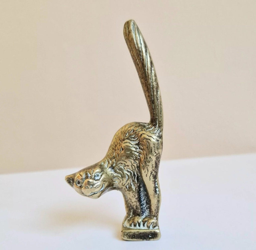Small Heavy Solid Cast Brass Witch's Standing Cat Figure Ornament 8.5cm Possibly Pipe Tamper