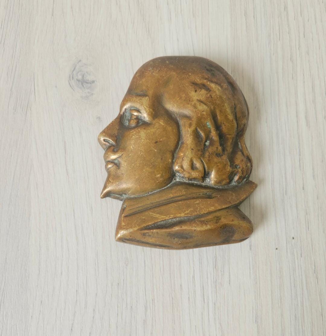 Antique Bronze William Shakespeare Portrait Wall Plaque 10cm X 8cm Heavy Rare