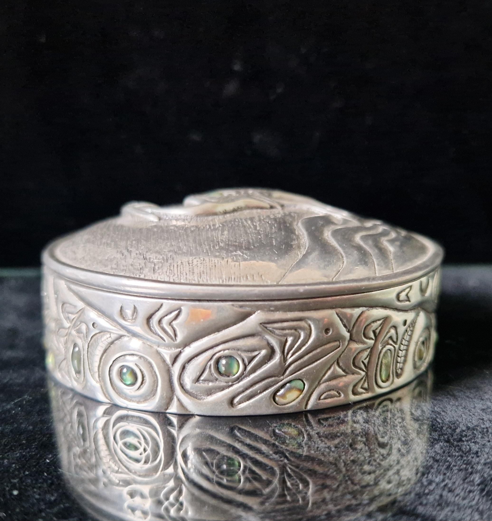 Vintage Mid Century Pewter & Glass Bead Heron Relief Trinket Box