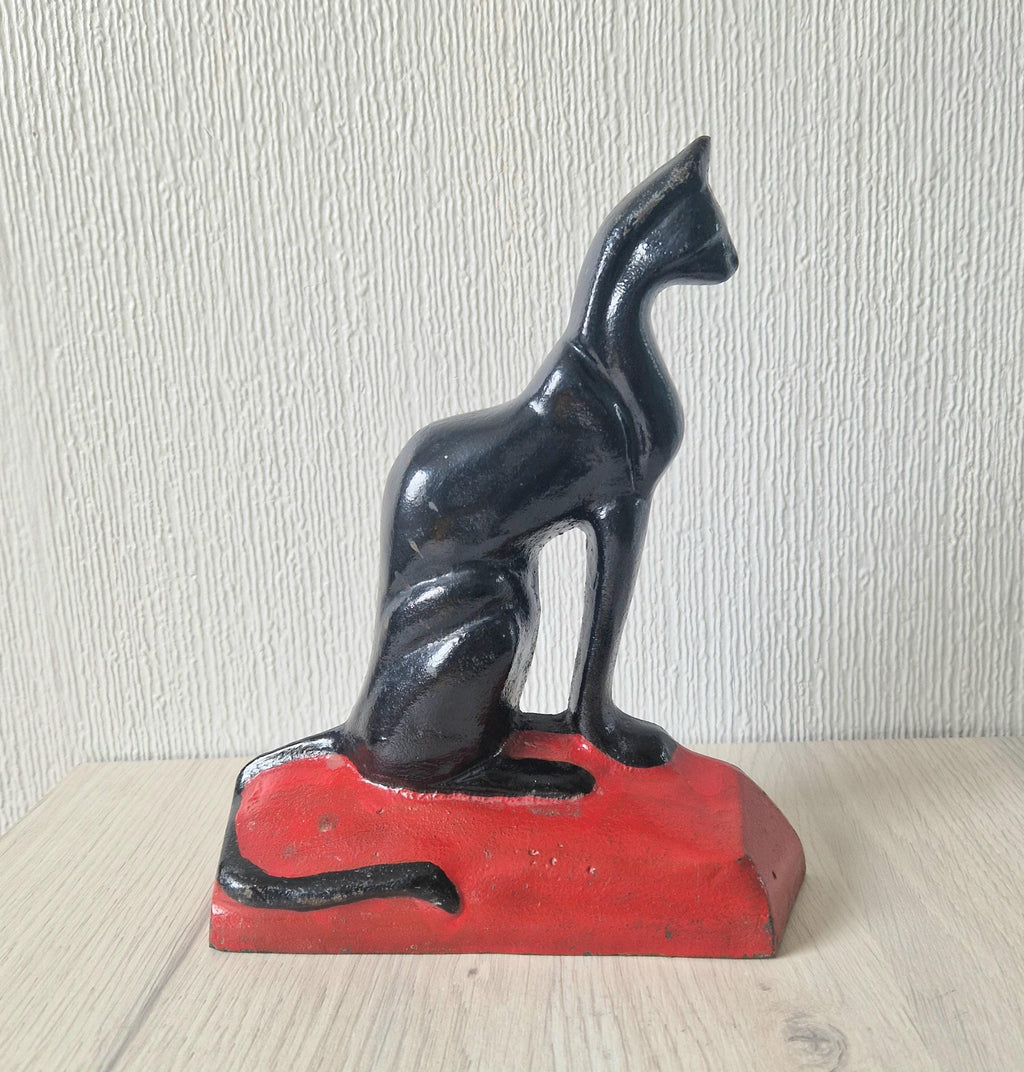 Antique Rare Cast Iron Art Deco Black Sitting Cat Doorstop