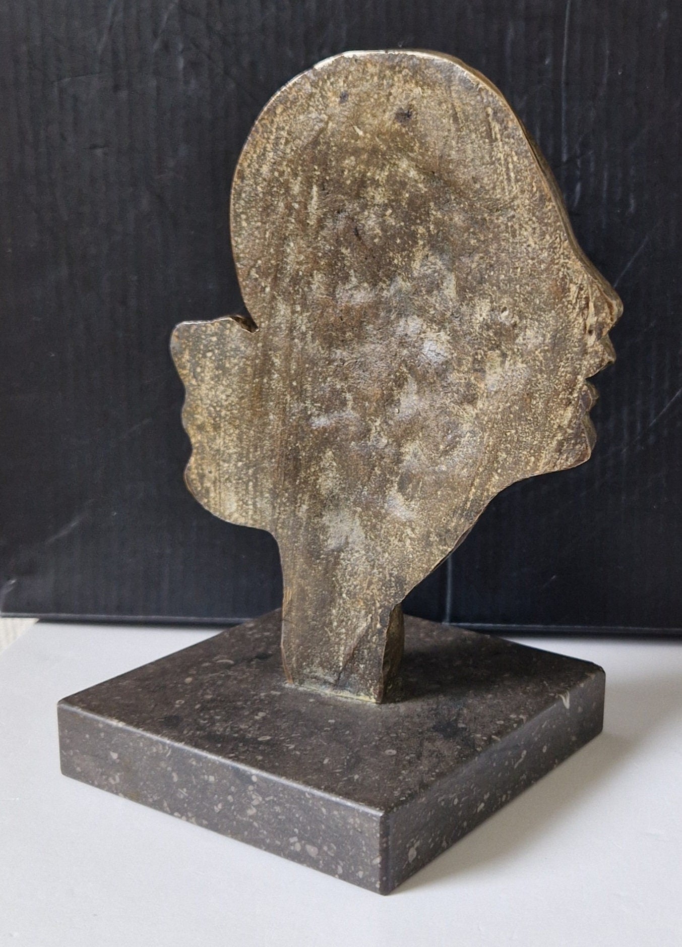 Art Deco Cast Bronze Girl's Head Profile Black Marble Mounted Desk Sculpture