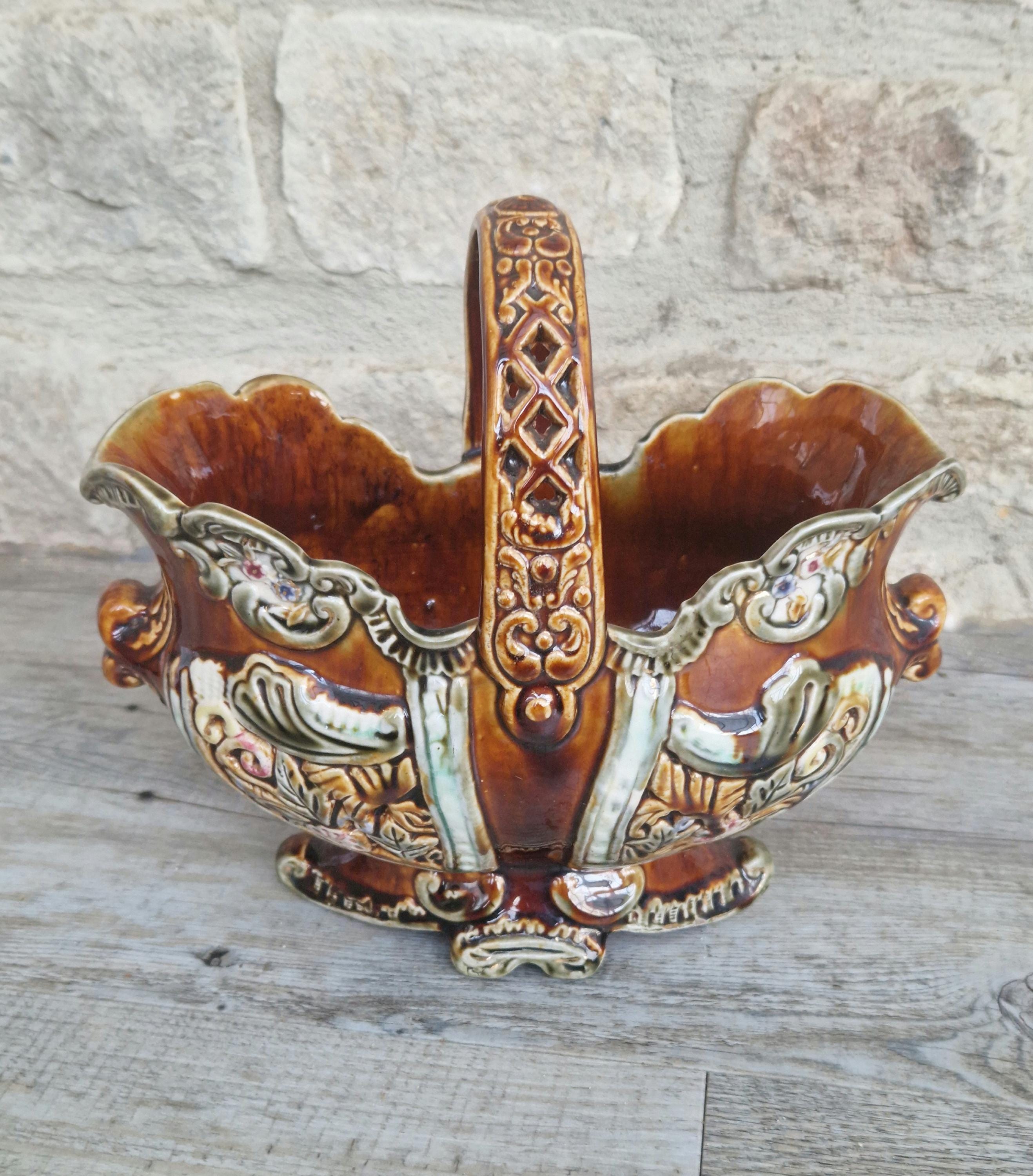 Antique Large Majolica Treacle Glaze Basket Planter Vase