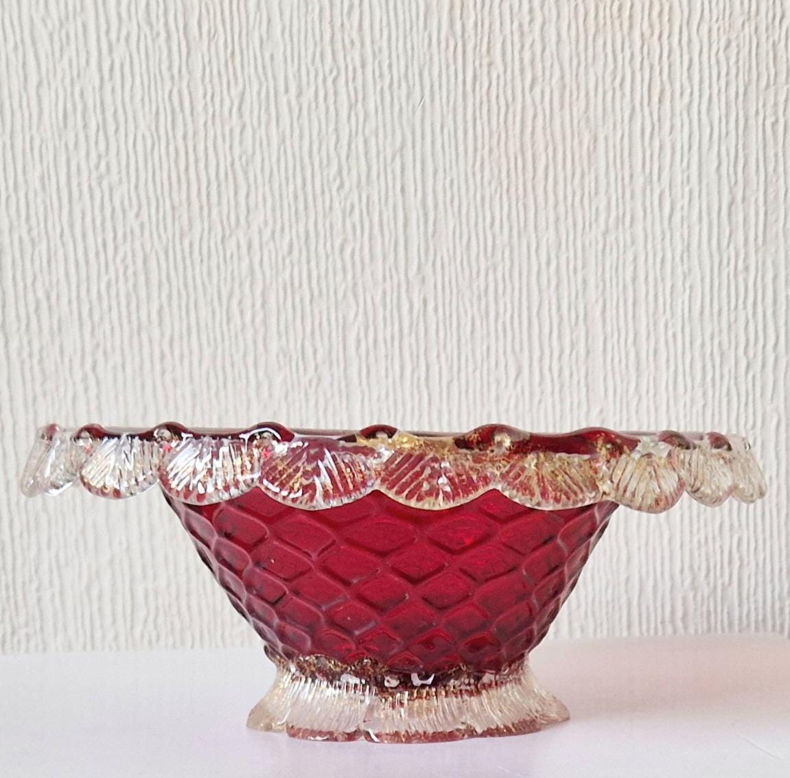 1960's Ruby Red & Gold Flecks Salviati Venetian Art Glass Pedestal Bowl