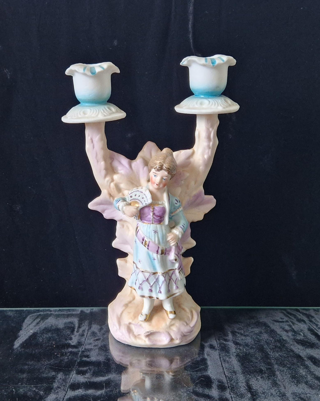 19th Century Continental Bisque Handpainted Fan Girl Figural 2 Candle Candelabra