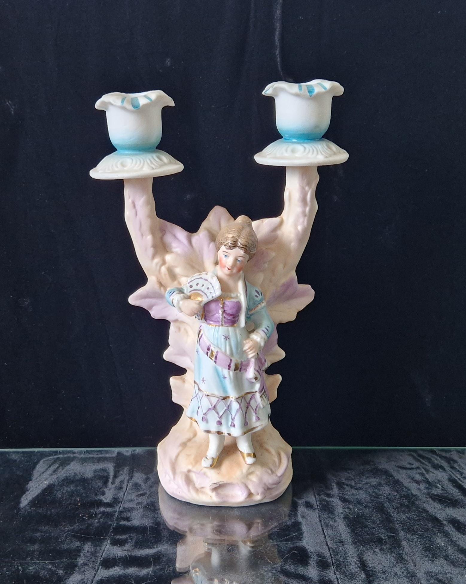 19th Century Continental Bisque Handpainted Fan Girl Figural 2 Candle Candelabra