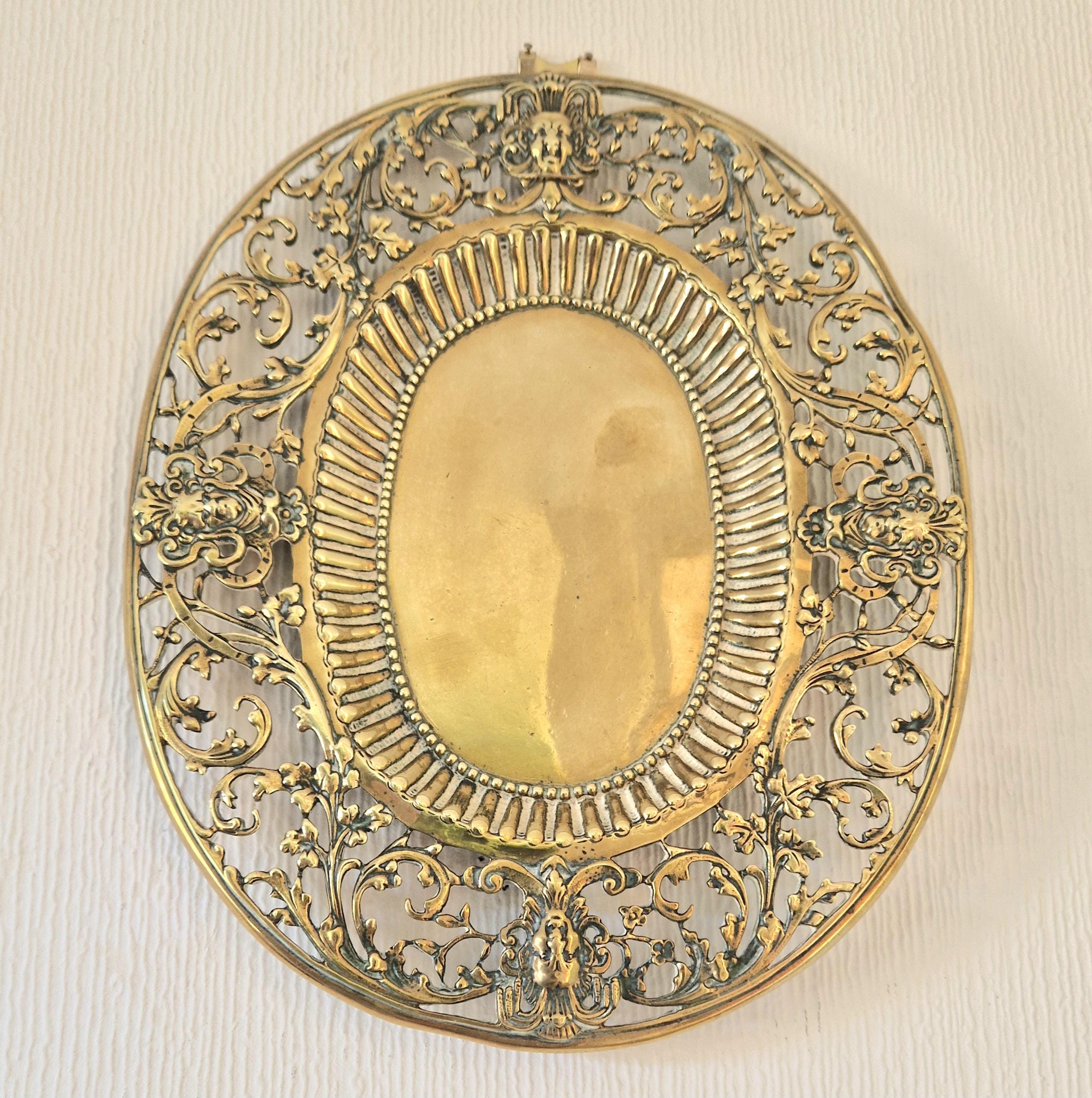 Antique Ornate Heavy Cast Brass Pierced Work Beaded & Ribbed Oval Baroque Card Platter Plate