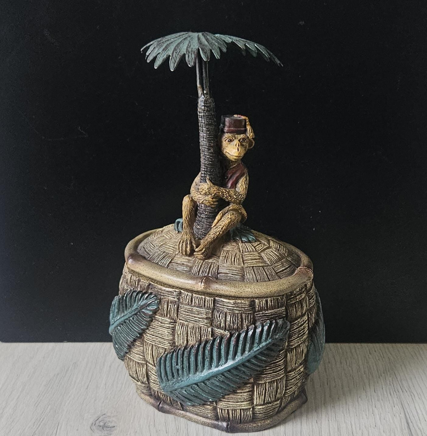 Vintage Novelty Monkey in Fez on Palm Tree Resin Trinket Pot .1980s Heavy Resin Decorative Monkey Lidded Trinket Pot 20cm Tall 916 Grams