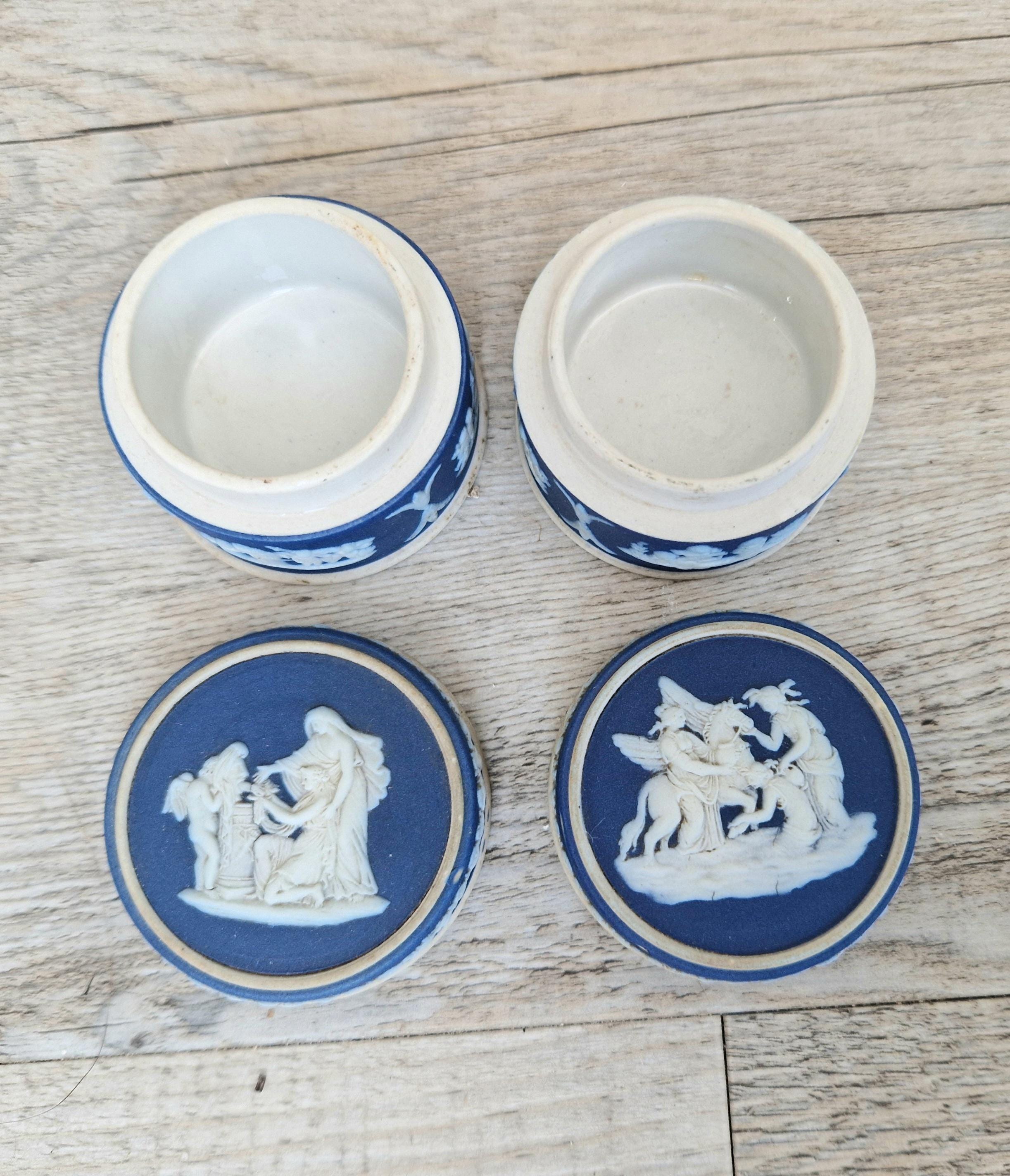 2 x Antique Wedgwood Neoclassical Dark Blue Jasperware Rouge Pot Patch Pot