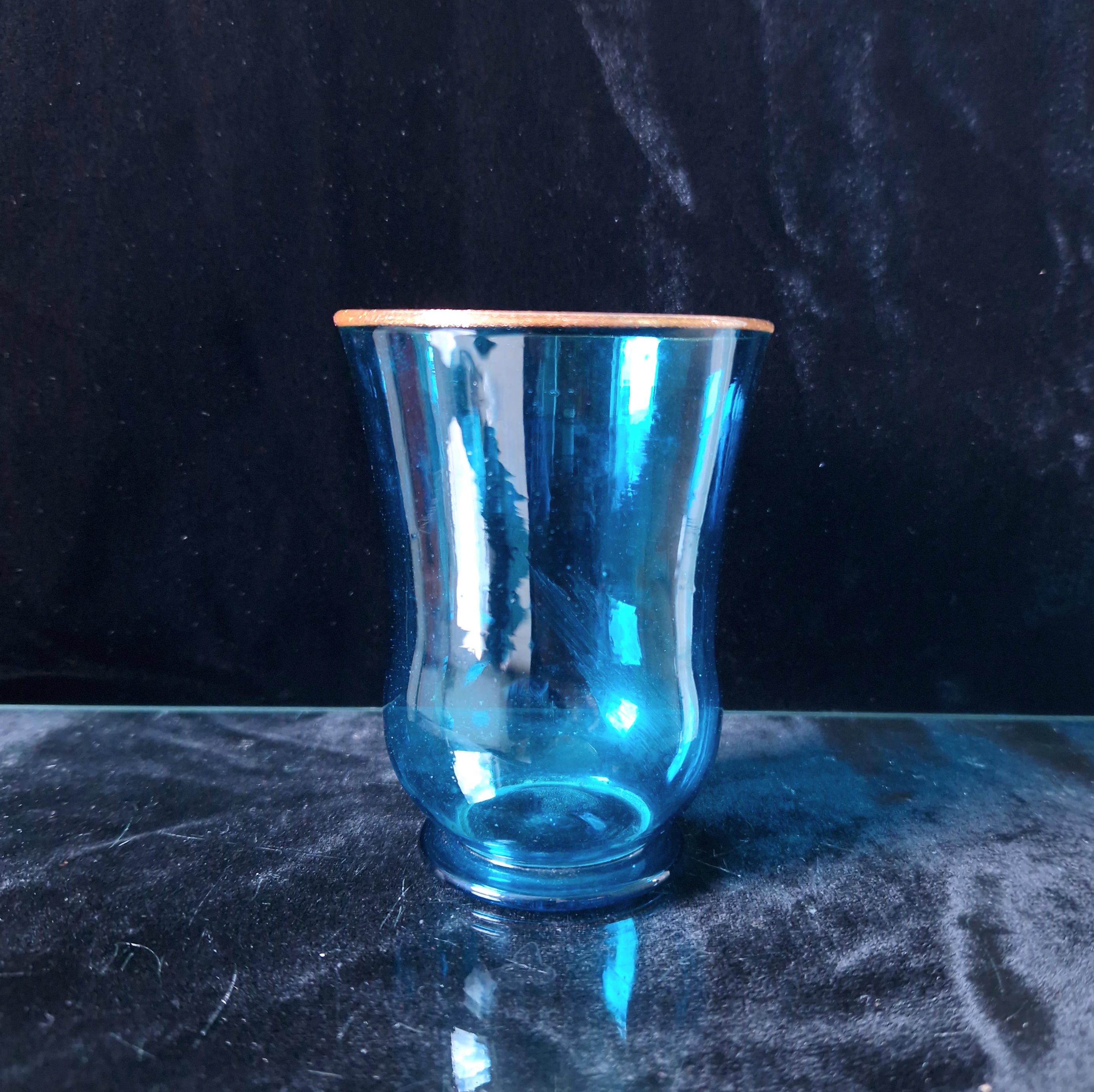 19th Century Hand Blown Peacock Blue Glass Beaker: Aventurine Rim
