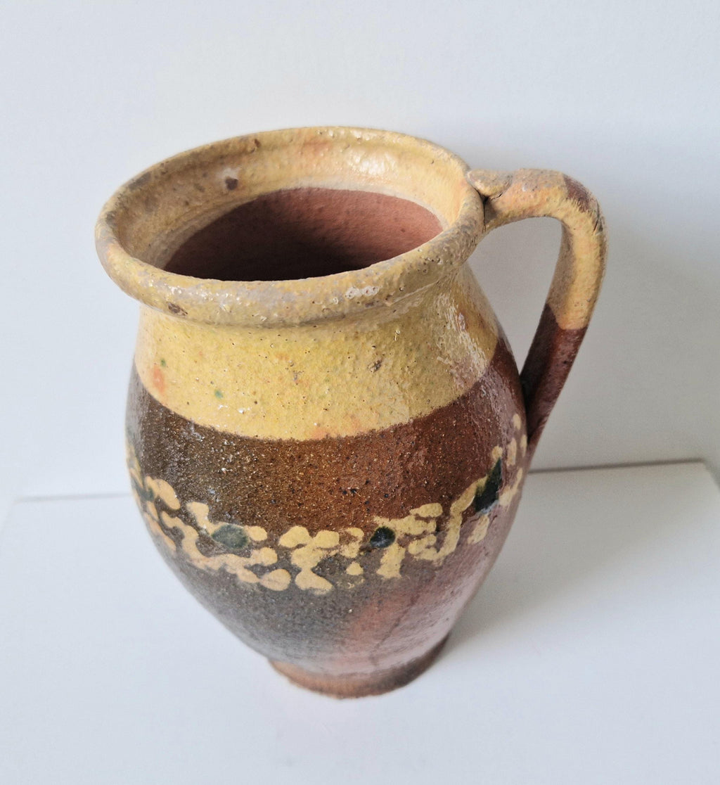 Antique Rustic Hungarian Decorated Glazed Earthenware Milk Pitcher Jug