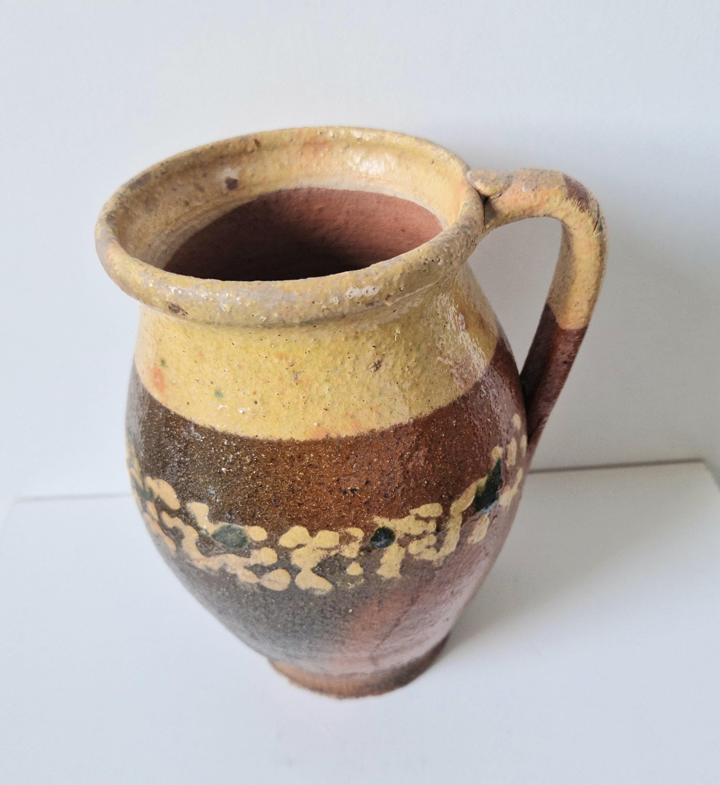 Antique Rustic Hungarian Decorated Glazed Earthenware Milk Pitcher Jug