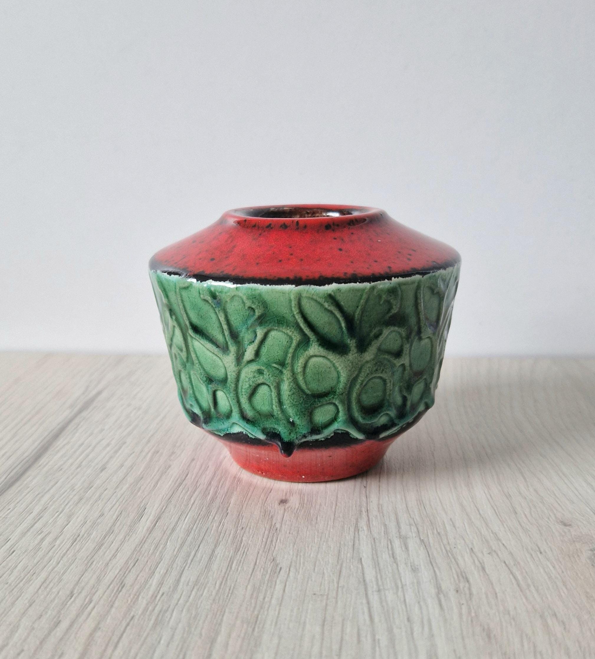 Mid-Century West German Green & Red Squat Fat Lava Vase 8cm