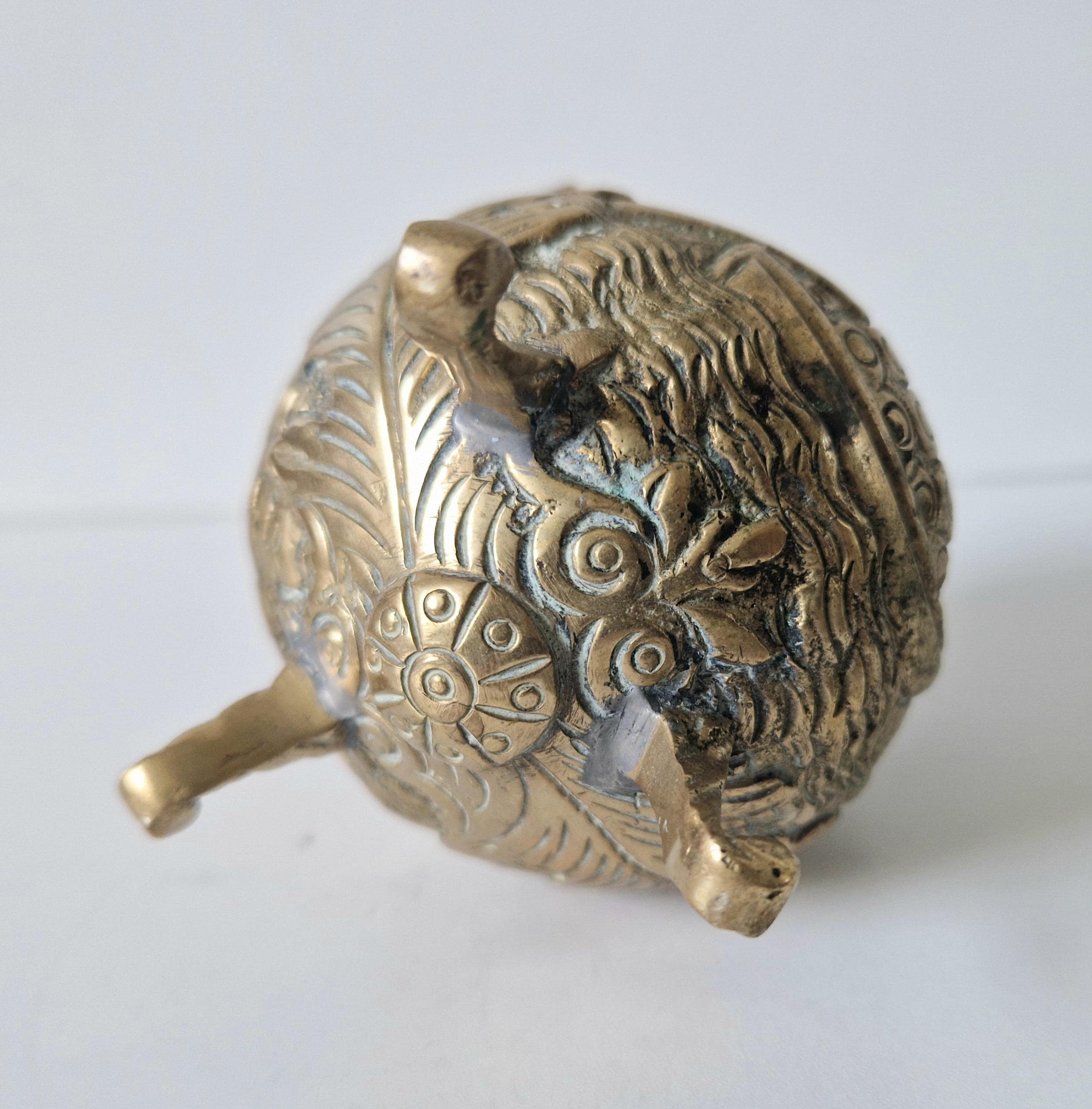 Antique Solid Brass Ornate Tri-Footed Cauldron With Handle Trinket Box