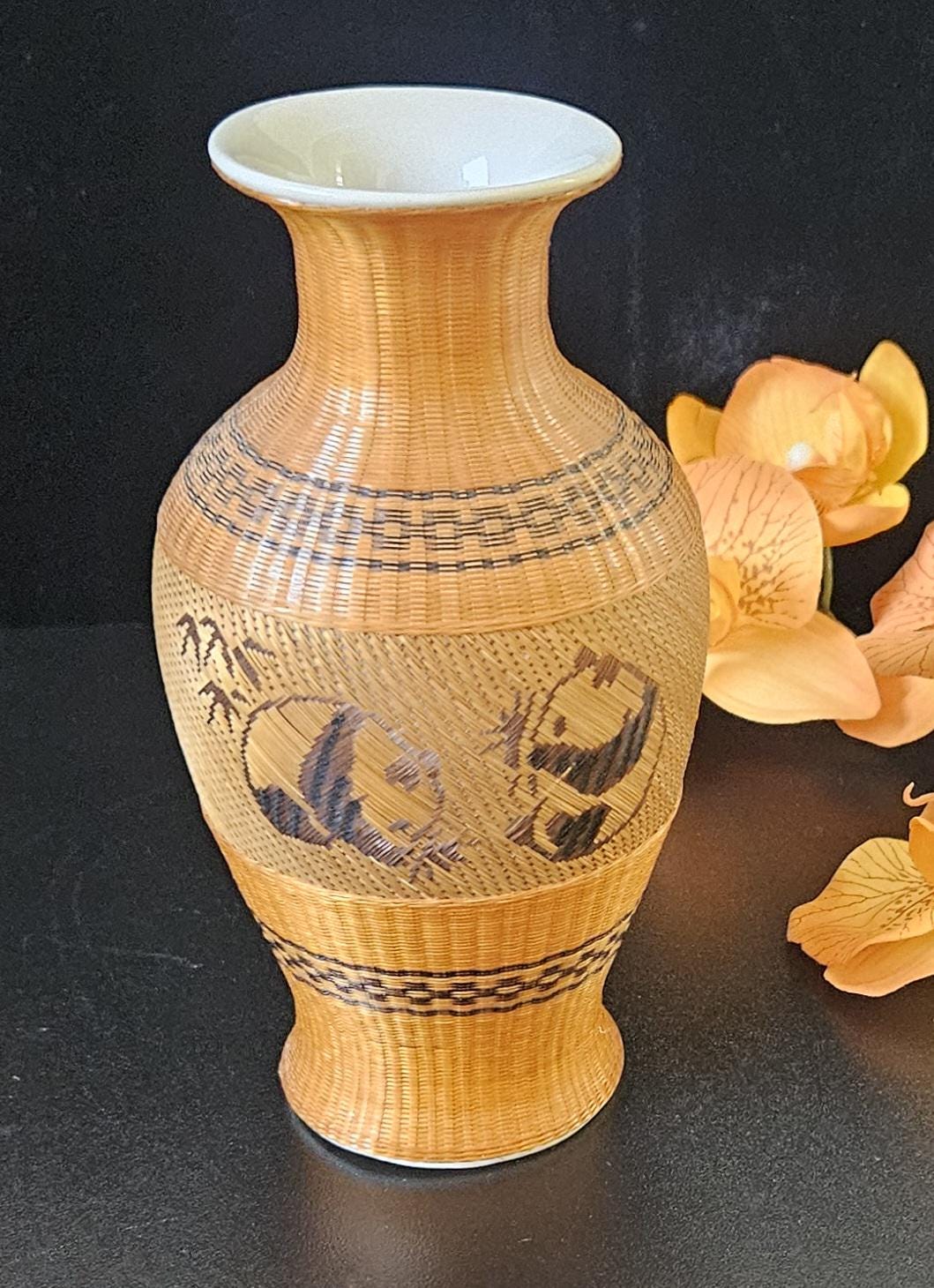Vintage Chinese Vase Bamboo Wrap Porcelain Panda Artwork Flower Vase Decorative.