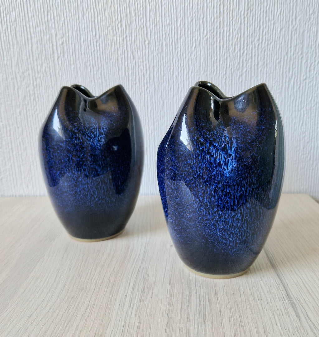 Pair of Fine Midcentury Japanese Cobalt Blue Glaze Ikebana Vases 14.5cm