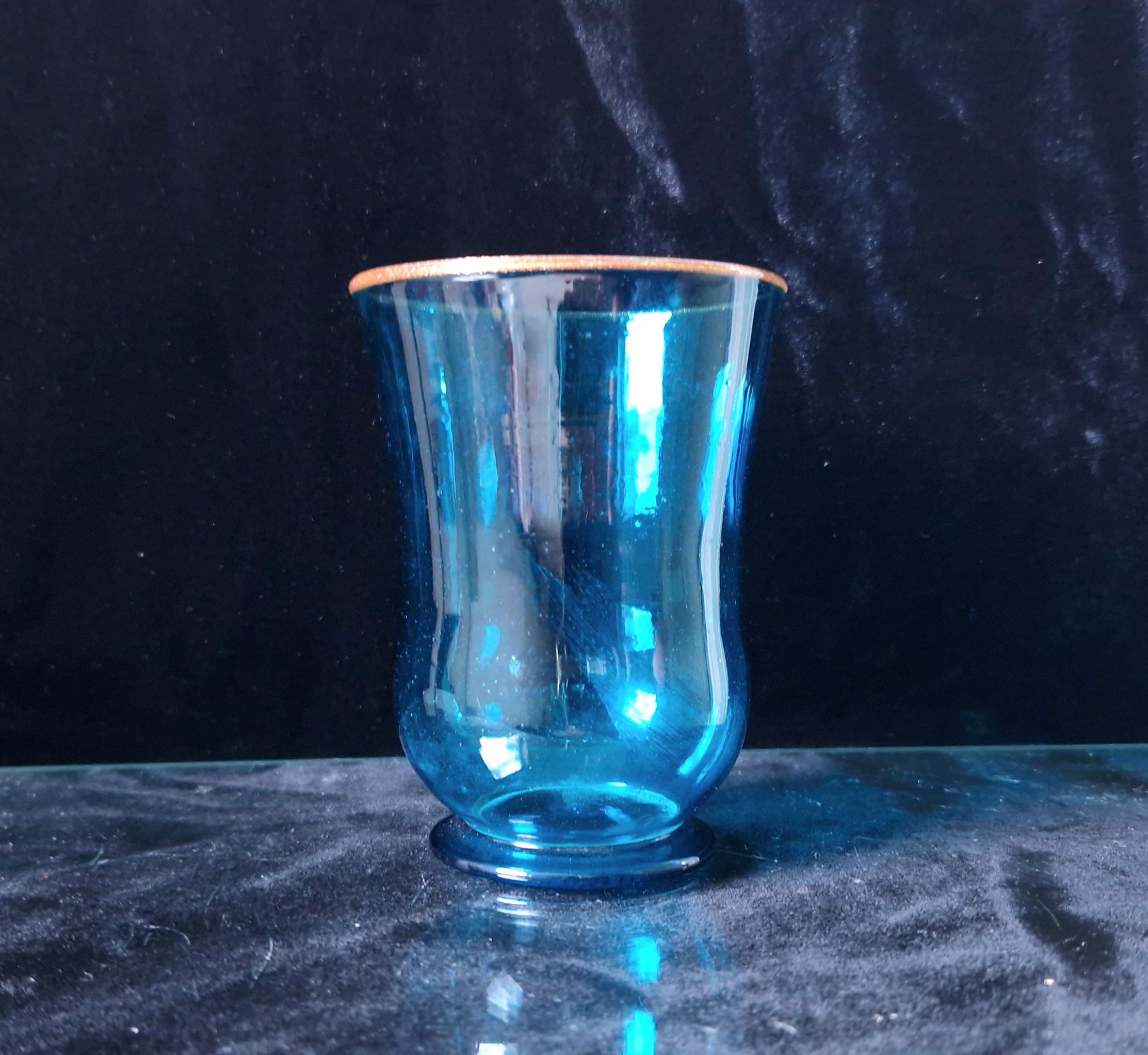 19th Century Hand Blown Peacock Blue Glass Beaker: Aventurine Rim